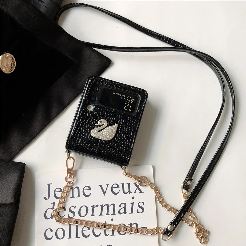diy z flip3 luxury 3d crystal swan pu leather alligator pattern phone case for samsung galaxy z flip 3 5g crossbody strap cover free global shipping