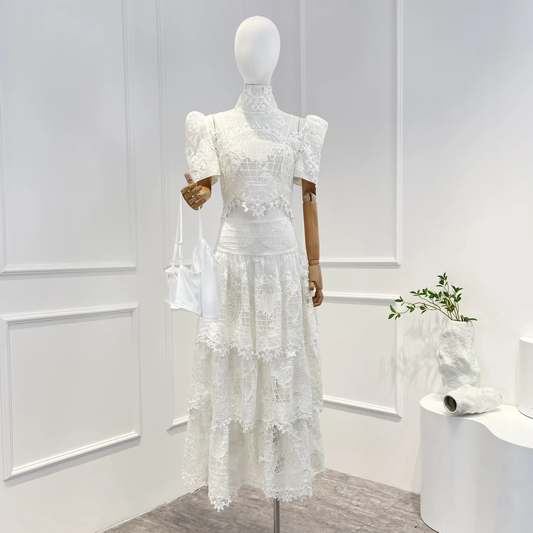 

2022 2023 High Quality Linen Silk Solid White Handmade Hook Flower Hollow Crop Top Cascading Ruffle Midi Skirt Matching Set Lady