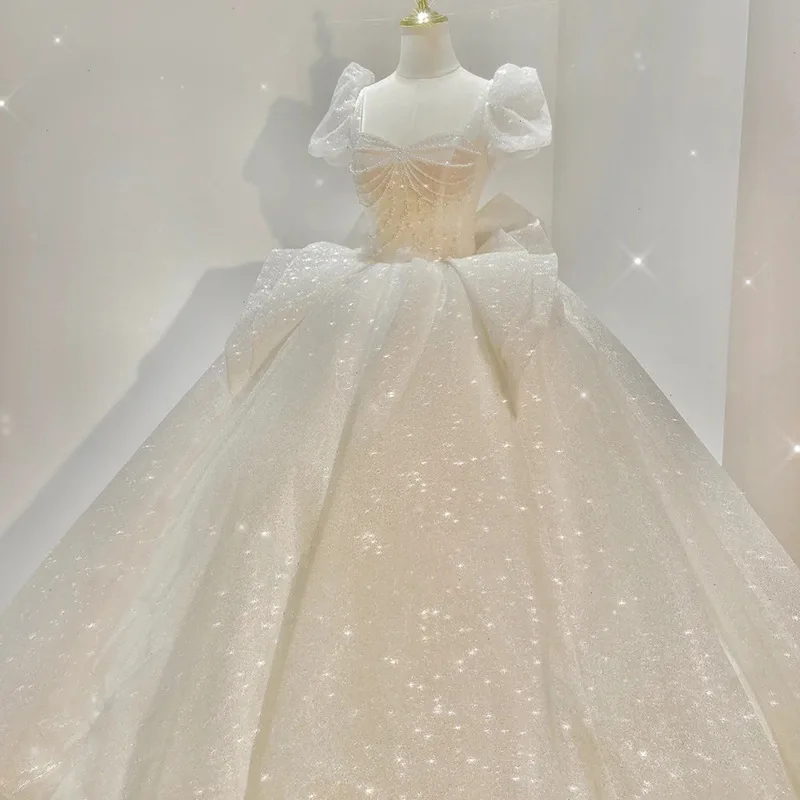 

Sweet Puff Sleeve Wedding Dress Classic Sweetheart Ball Gown With Trian Luxury Sequins Robe De Mariee High-end Vestido De Noiva