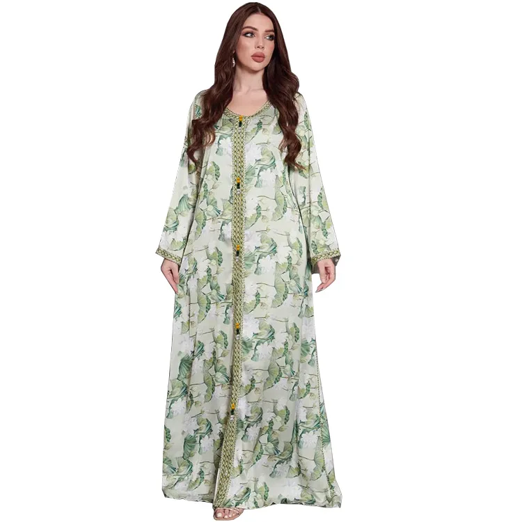 Zigui Formal Occasion Dresses Lotus Flower O Neck Long Sleeve Green White Abaya Robe Jalabiya Dress Party Night Ramadan