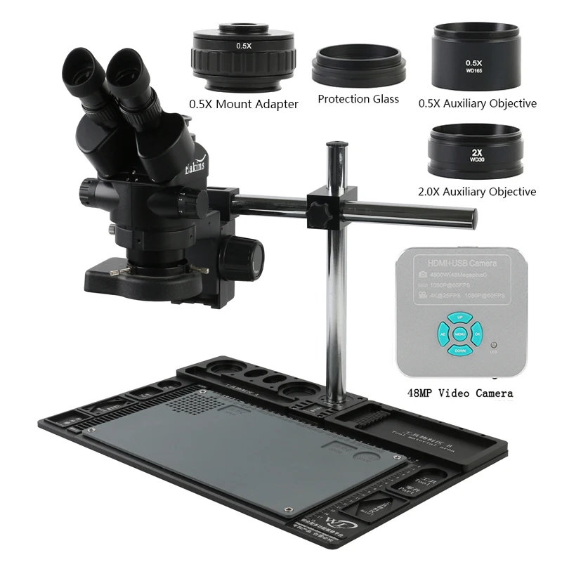 

3.5X-90X Continuous Zoom Simul-focal Trinocular Stereo Microscope 48MP 4K 1080P HDMI USB Video Camera 0.5X CTV Adapter Workbench