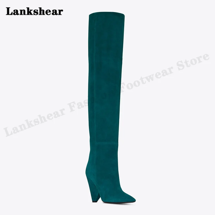 Long Tube Shaped Heel Pointed Toe Boots Horse Oil Leather Women's Shoes with Folds Car Stitching Flanging Elastic Boots Size 45