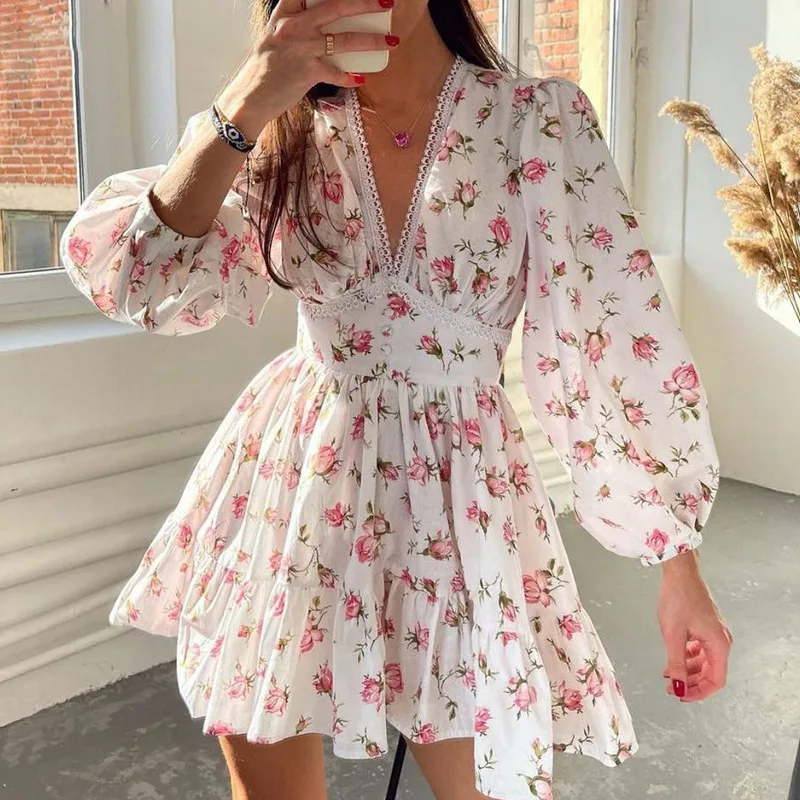 

V Neck Puff Sleeve Lace Sweet Short Dress Chic Slash Collar Lantern Sleeves Cascading Ruffles Disty Floral Print Sexy Dresses