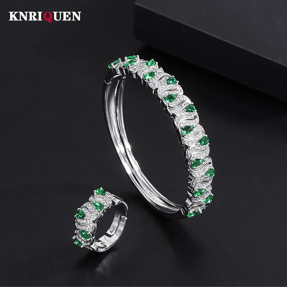 

Luxury Ruby Emerald Gemstones Bracelet Rings Jewelry Set for Women Lab Diamond Cocktail Party Vintage Accessories Female Gift