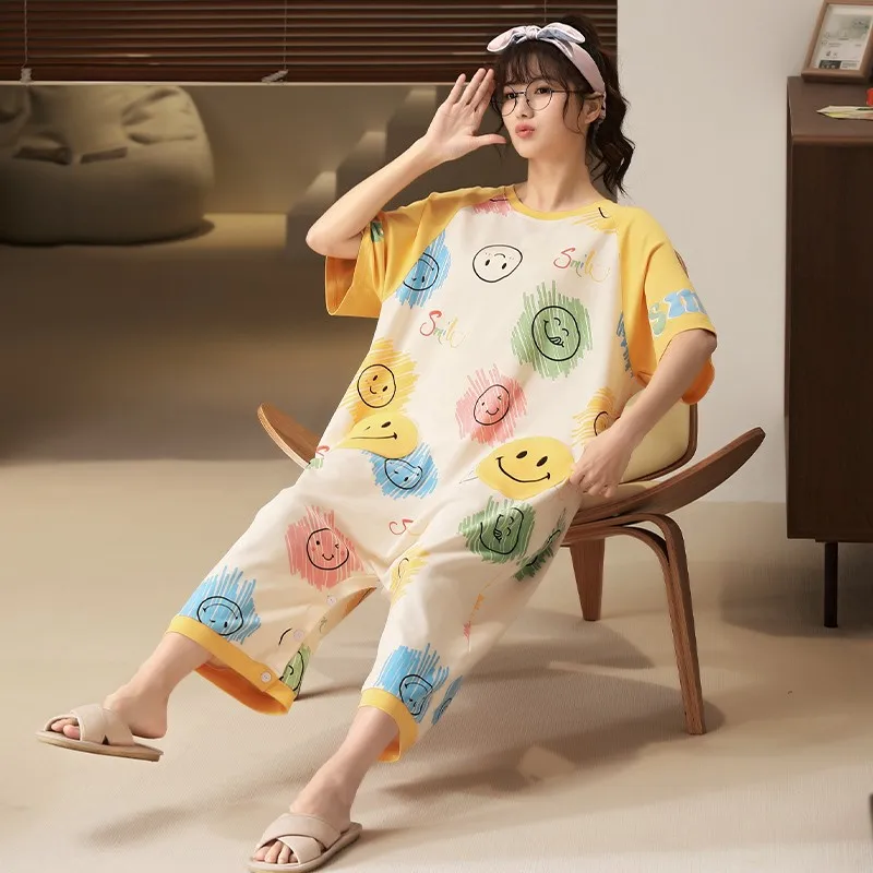 Cute Cartoons Onesies Costume For Women Nightdress Summer Pajamas Cotton Short Sleeve Jumpsuit Loose Home Wear Girl