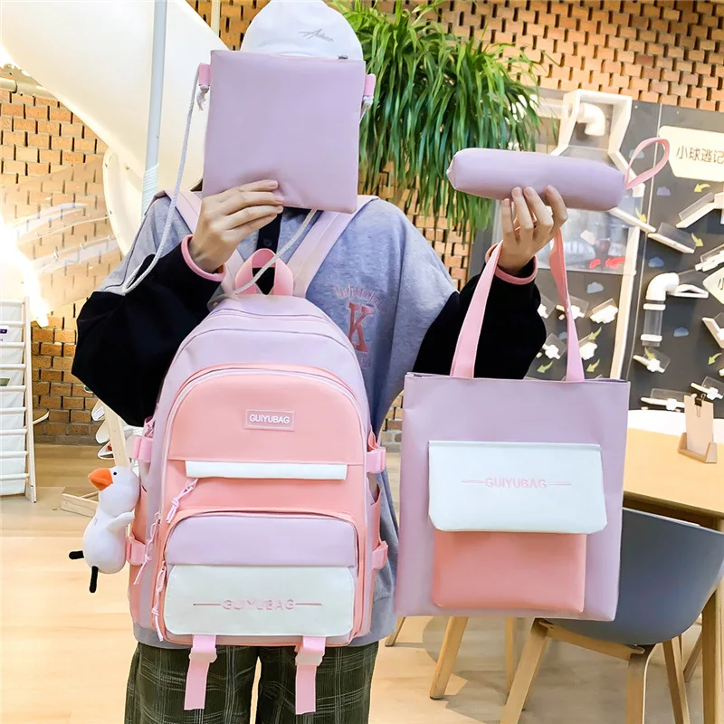 

4Pcs/Set Student backpack Korean version casual large-capacity junior high school set school bag outdoor travel backpack