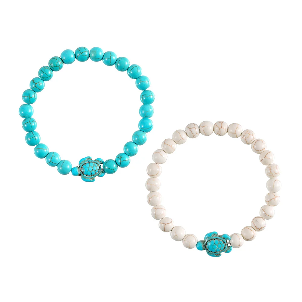 

2Pcs Round Turquoise Beads Stretch Bracelet Turtle Bead Charm Wrist Bracelet
