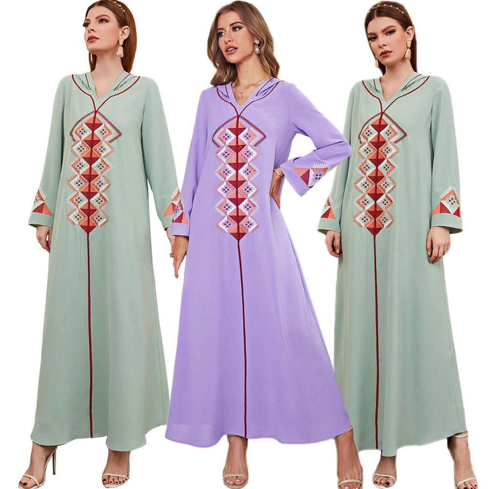 

Женское мусульманское зеленое платье Caftan с вышивкой Eid Рамадан Дубай длинное платье Абая арабское платье с капюшоном марокканское Djellaba Caftan