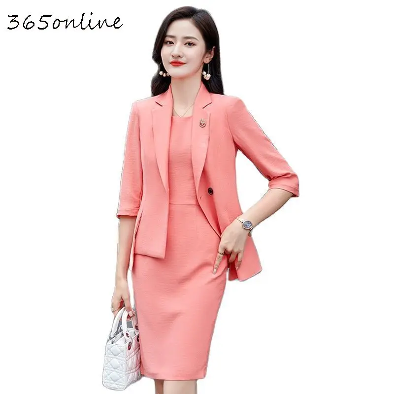 Pink Women Dresss Suits with Dress and Tops 2 Piece Set OL Styles Business Work Wear Suits Fashion Summer Ladies Office Blazers