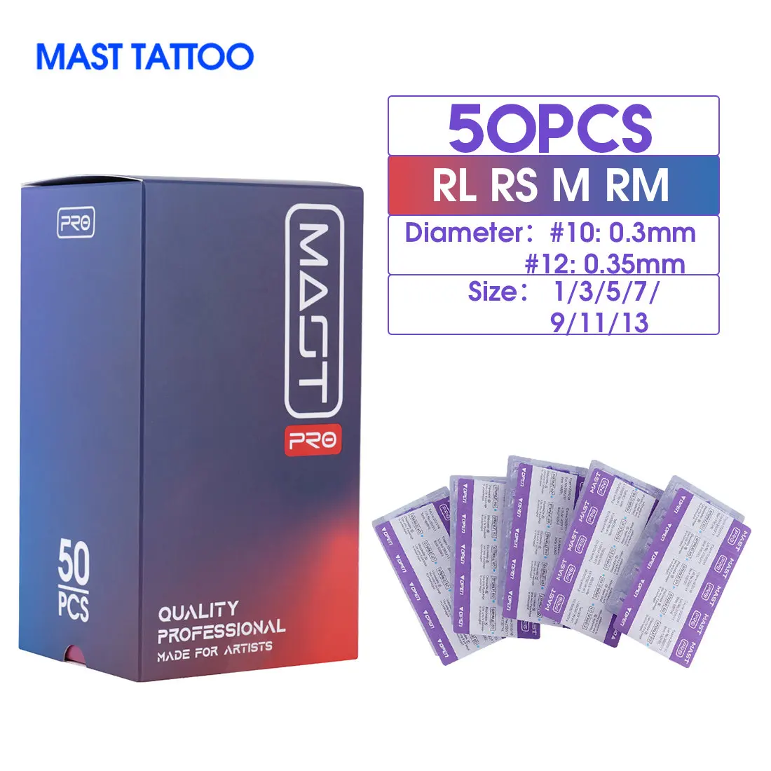 50pcs/Box Mixed Size RL/RS/RM/M Sterilized Mast Tattoo PRO Cartridge Needles Permanent for Tattoo Machine Supply 0.3mm/0.35mm