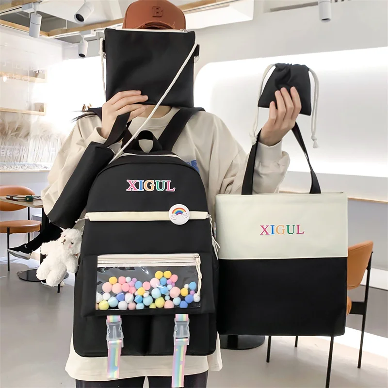 

5 Sets/Pcs Woman Laptop Backpack Ribbons School Backpacks Cute Cat Schoolbag for Teenagers Girls Student Book Bag Female Satchel