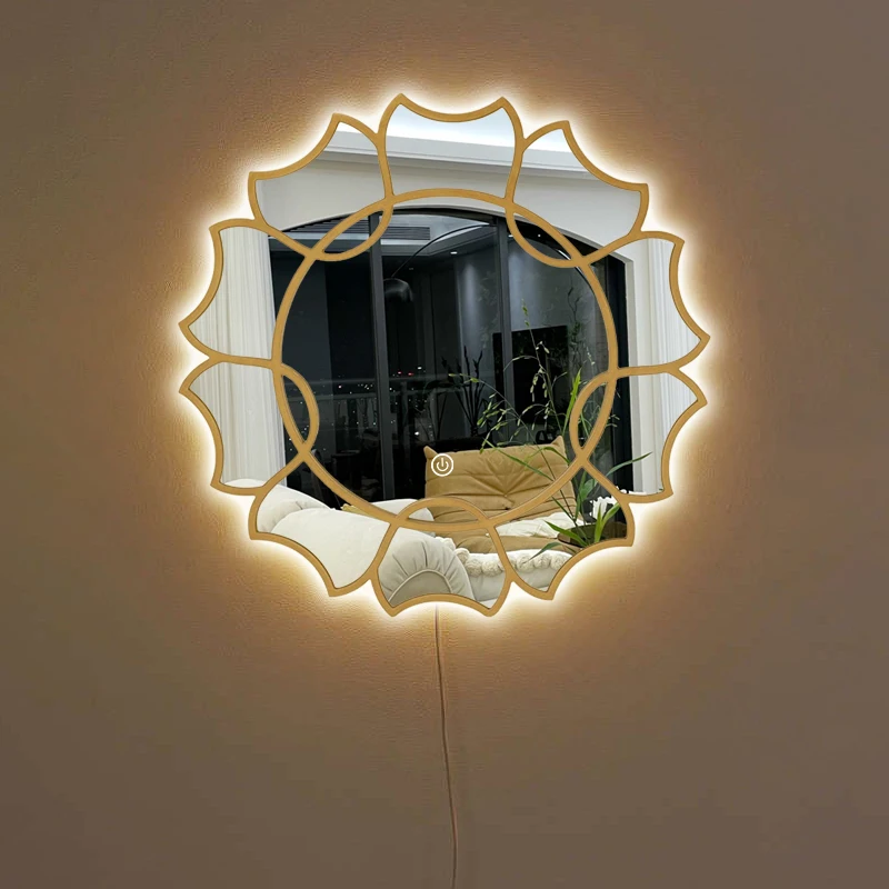 

Bathroom Funky Mirror Big Gold Luxury Korean Shower Bedroom Girls Light Art Wall Wavy Mirror Travel Espelhos Home Decorations