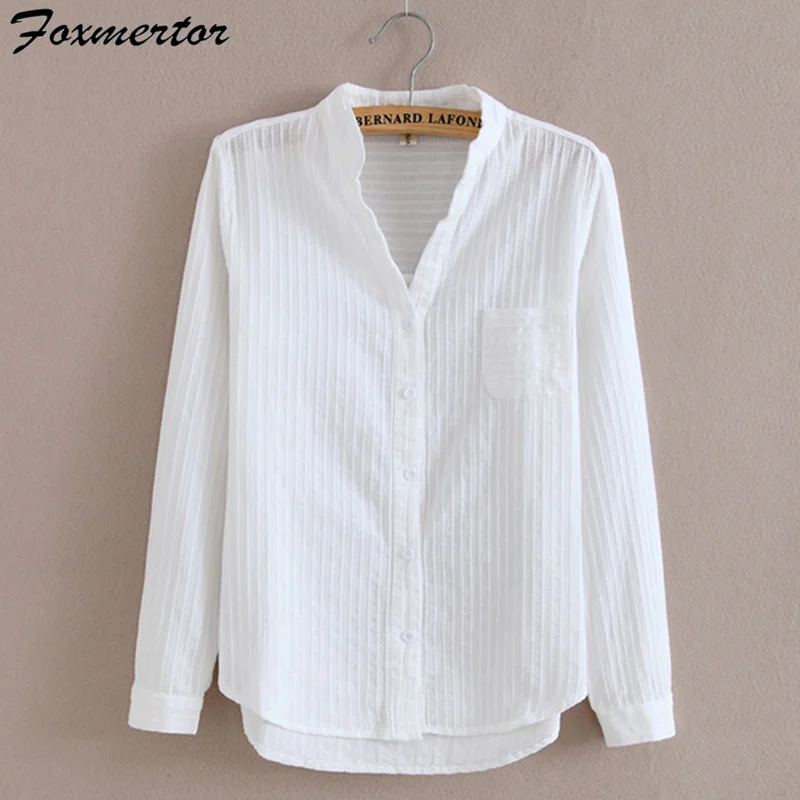 

Рубашка Foxmertor из 100% хлопка, белая блузка на весну и осень, блузки, рубашки, женские повседневные топы с длинным рукавом, блузы с карманами с Сидом #66