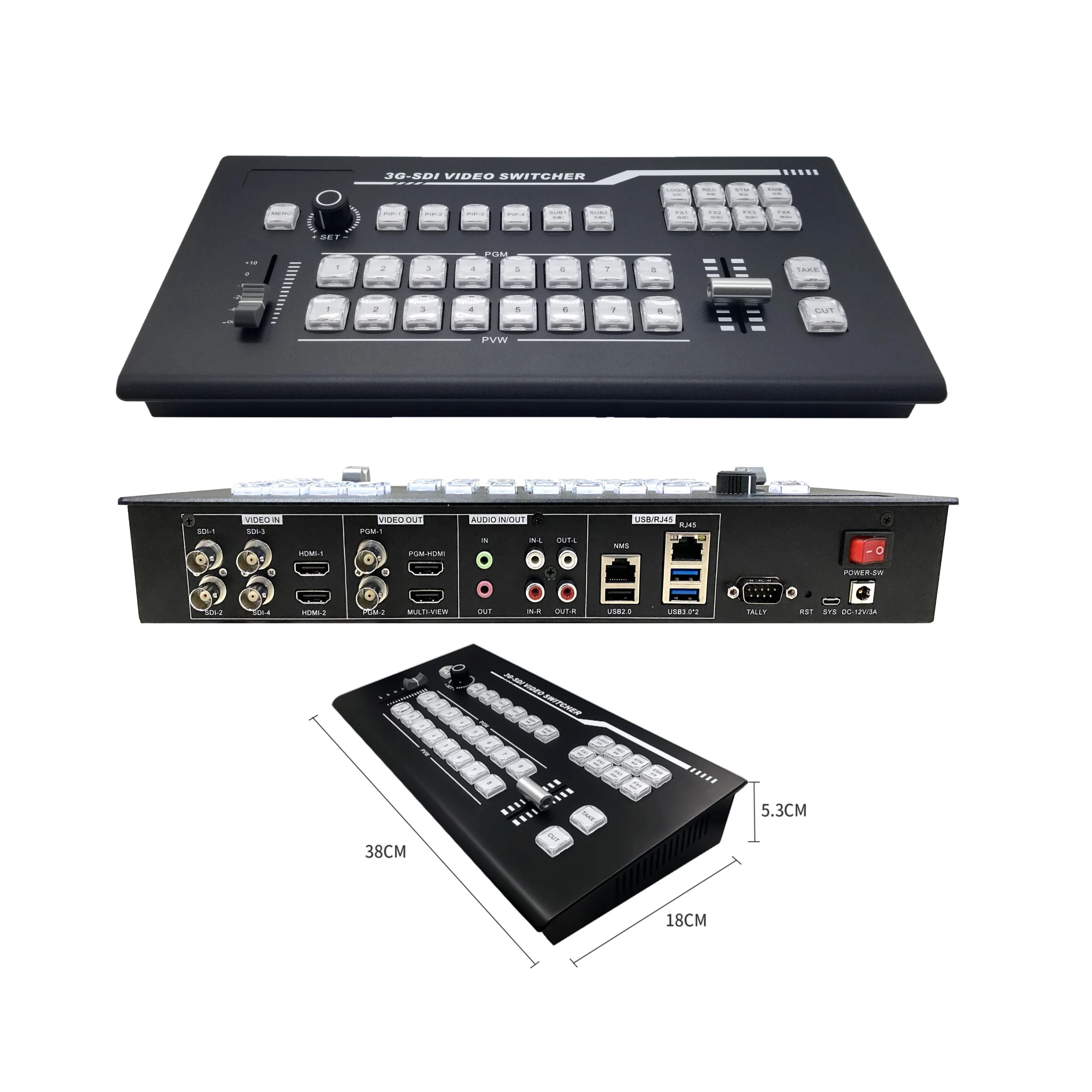 

Digital data transfer playback 8 channel H DMI/SDI/USB3.0 audio video mixer switcher with chroma key encoding and decoding