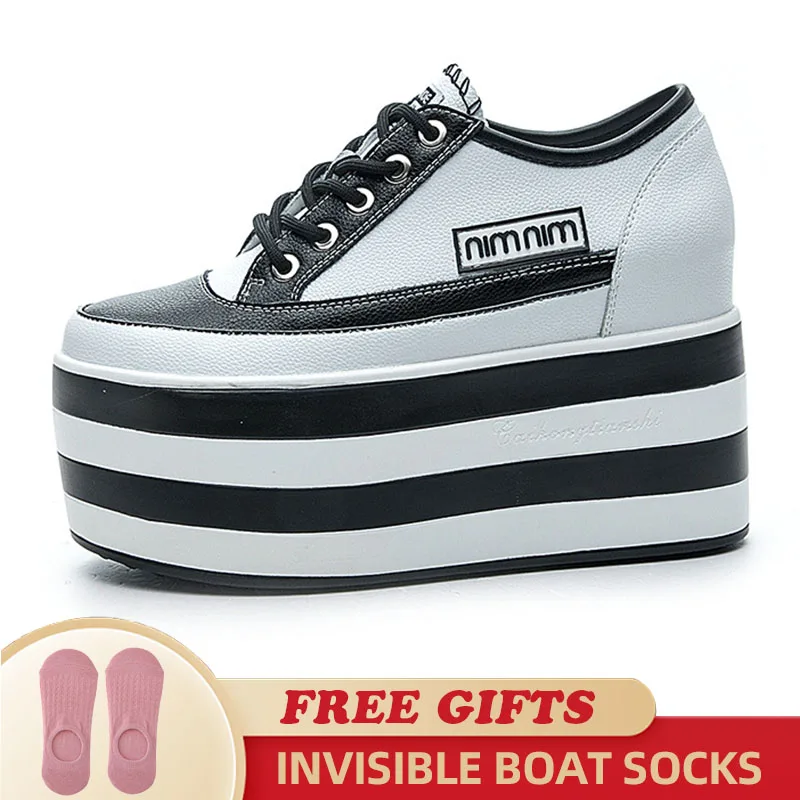 New Women Shoes 12cm Genuine Leather Platform Wedge Sneakers Chunky Hidden Heel High Women Casual Shoes Spring Summer Loafers