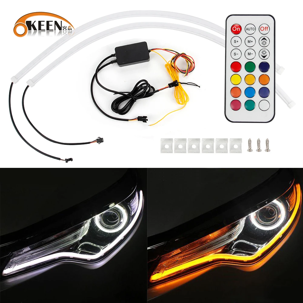 

OKEEN 2pcs Universal LED Daytime Running Light For Car DRL Flexible Daylight Strip Dynamic Turn Signal Lamp 12V Auto Headlight