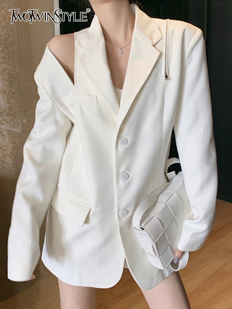 TWOTWINSTY High Street Off Shoulder Blazer For Women Notched Collar Long Sleeve Cut Out Blazers Female Fashion Clothing New 2022