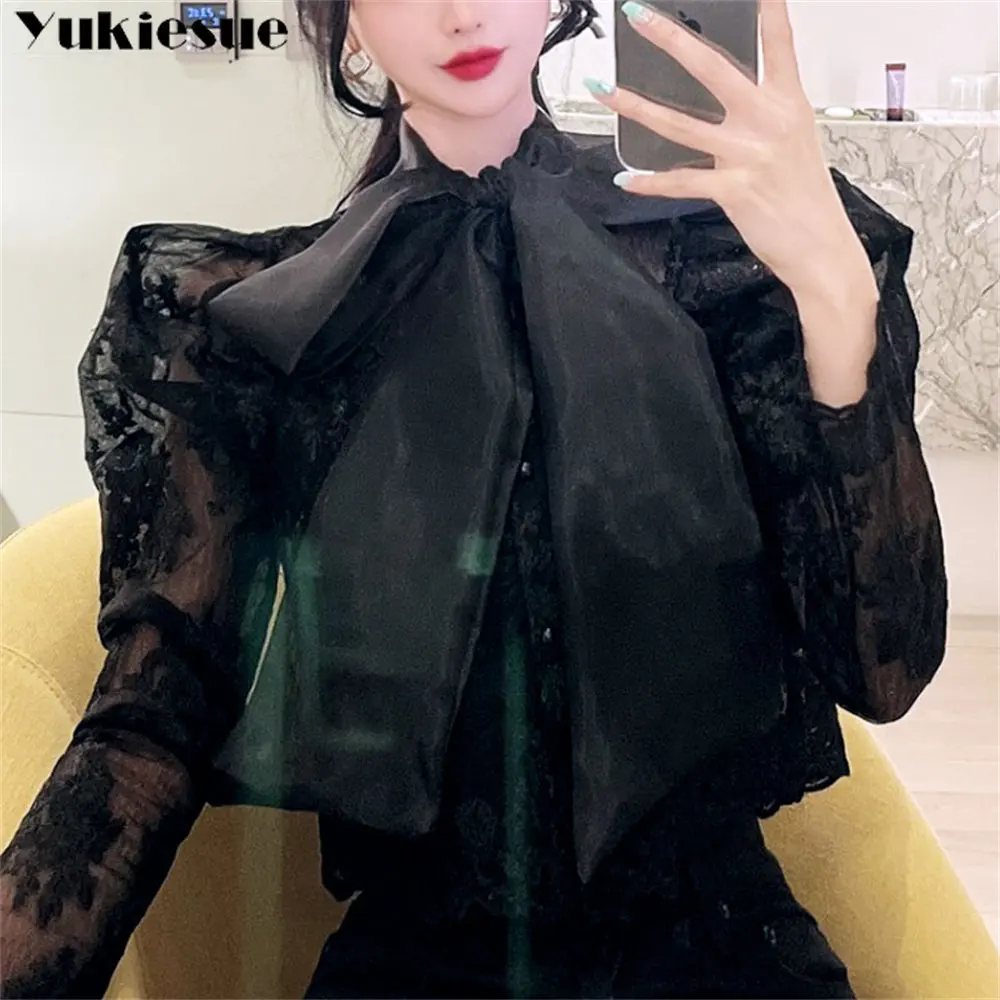

2022 Spring Autumn Fashion Bow Neck Female Blouses Temperament Perspective Women Sexy Lace Shirt Flower Embroidery Puff Sleevel