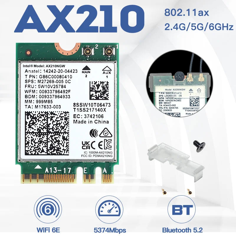 Wifi 6E Intel AX210 AX210NGW Bluetooth 5.2 5374Mbps Wireless Wi-Fi 6 Card AX200 AC9260 8265 8260 7265 7260 3168 3165 M.2 adapter - купить по