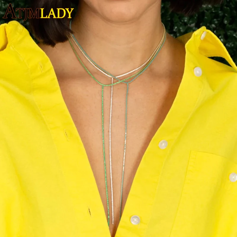 

Микро-закрепка, Радужный красочный кубический циркон, сексуальное длинное Y-образное ожерелье для теннисной цепи 2 мм, женское колье