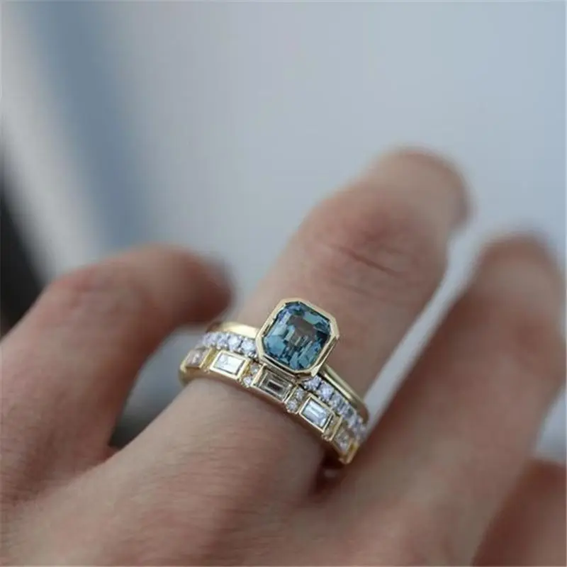 

3pcs Acid Blue Crystal Rings for Women Fashion Yellow Gold Color Wedding Women's Ring Luxury Brand Jewelry Gifts Accessories