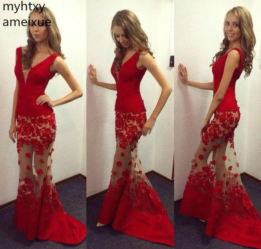 

Party Gowns 2023 High Quality Illusion Red Sexy Ballgown Prom Dresses Mermaid V Neck Evening Plus Size Custom Dress Elegant