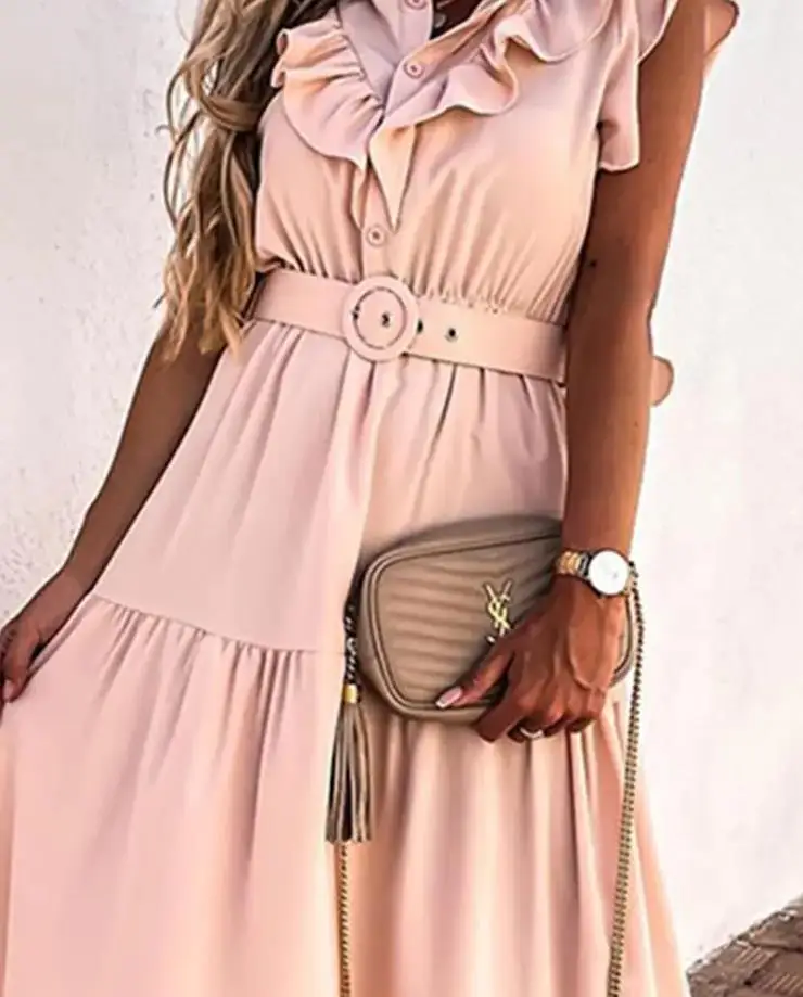 

Summer Dresses Woman 2022 Ruffle Hem Button Design Sleeveless O-neck Casual A Line Mid-Calf Dress