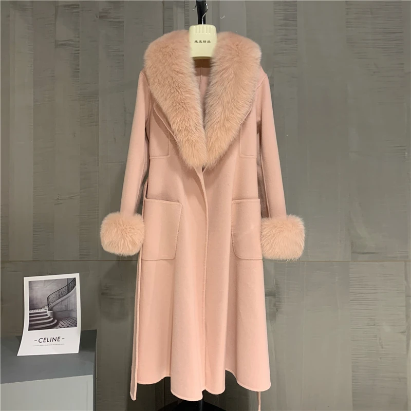 Высококачественное кашемировое пальто с воротником из натурального Лисьего меха двустороннее женское теплое модное шерстяное пальто со шнуровкой и длинными рукавами для зимы