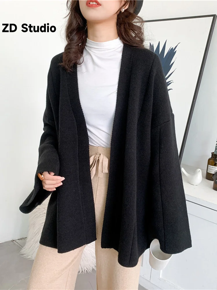 

[ZD Studio] Purple Size Knitting Cardigan Sweater Loose Fit V-Neck Long Sleeve Women New Fashion Tide Autumn Winter 2023 1DA708