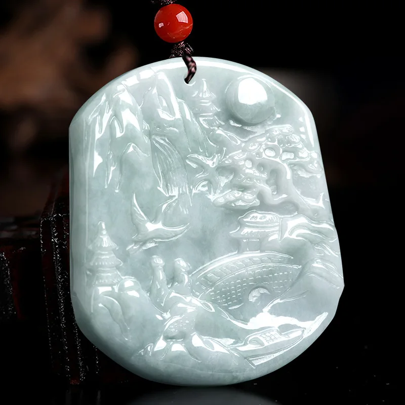 

Burmese Jade Landscape Pendant Designer Gift Emerald Natural Amulets Necklace Carved Men White Jadeite Gifts for Women Jewelry
