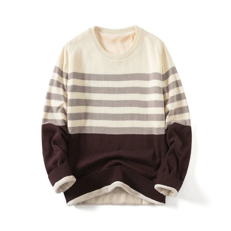 White Long Sleeve Round Neck Casual Brand Pullover Winter Cotton Stripe Color Matching Plush Thick Sweater Men 2021 New Fashion