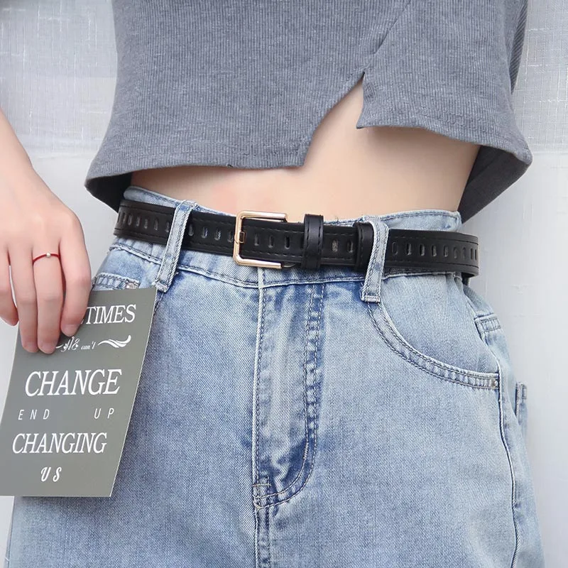 

Rero Gold Metal Pin Buckle Women Belts Full Eyelet Waist Belt For Girls Students Wild PU Leather Straps Trouser Jeans Waistbands