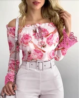 shirt for women elegant floral print guipure patch off shoulder top 2022 spring autumn new casual lace up tops
