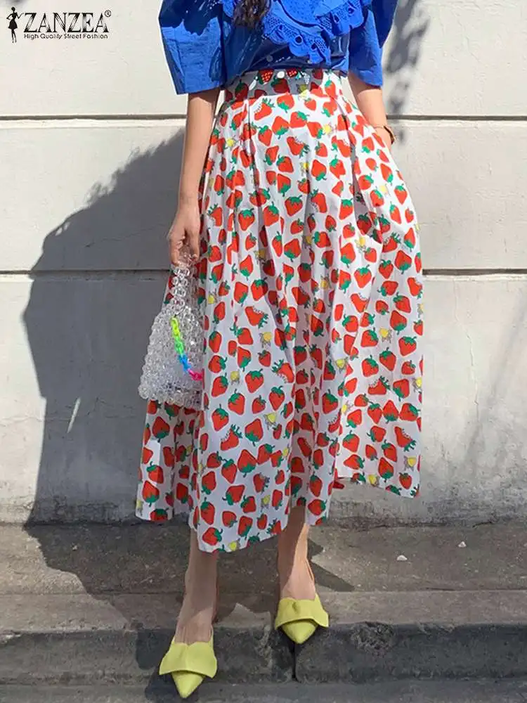

Women Strawberry Print Skirts ZANZEA 2022 Summer Back Zipper Skirts Casual A-line Pleated Bottoms Female Bottoms Oversized
