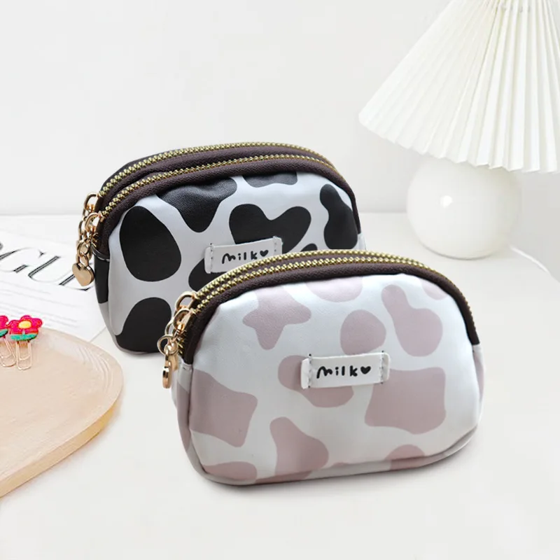 

Cute Cow Pattern Coin Purse for Women Card Wallet Students Double Pocket Zipper Key Bag Portable Lipstick Bank Card Storage Bag
