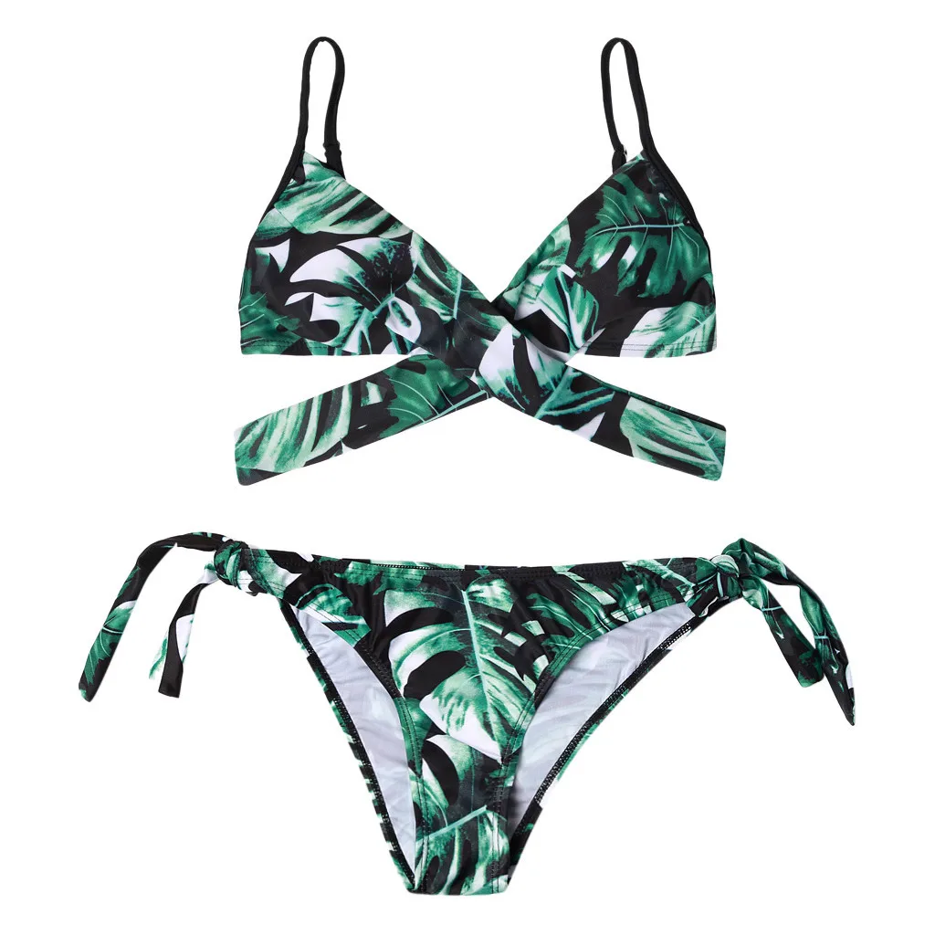 

Women Leaves Print Bandage Bikini Set Push-Up Brazilian Swimwear Beachwear Swim