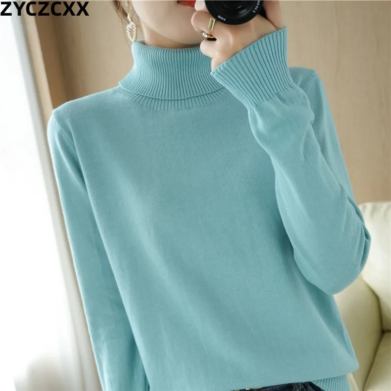 

ZYCZCXX 100% Cotton Turtleneck Sweater Women's Pullover Solid Color Slim Autumn And Winter Sweater Long Sleeve Basic Top Female.