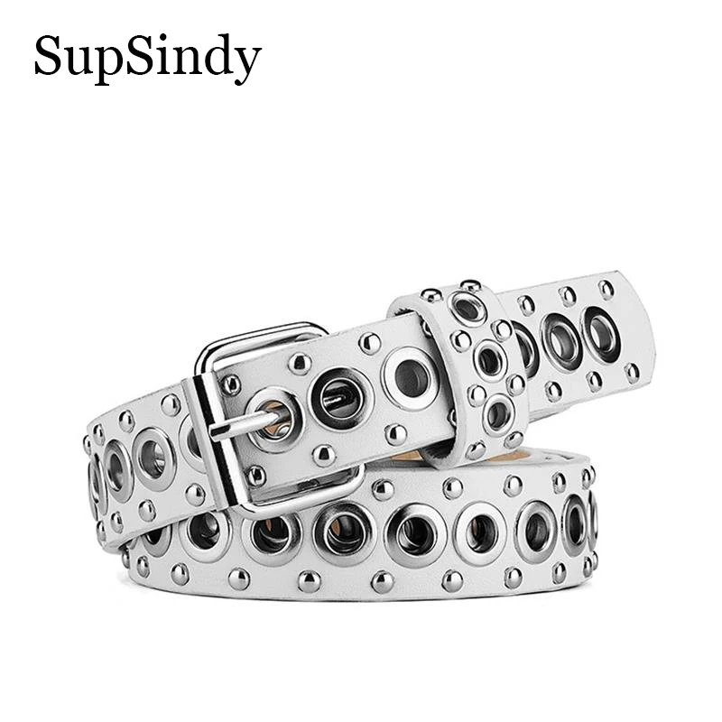 SupSindy Women Leather Belt Punk Metal Rivet Pin Buckle Luxury Belts for Men Jeans Waistband Rock Motorcycle Hip Hop Strap White