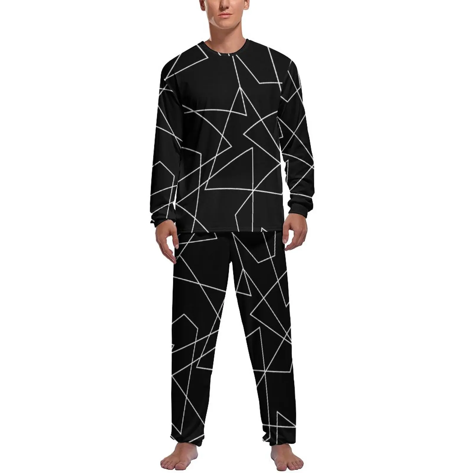 Abstract Geometry Pajamas Spring 2 Piece White Line Print Kawaii Pajamas Set Male Long-Sleeve Night Graphic Sleepwear
