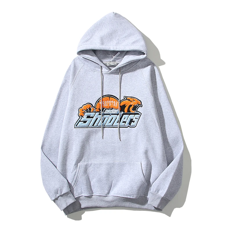 

Hip Hop Blue Yellow Tiger Head Towel Embroidery Fleece Hoodies Men's and Women's Vintage Casual Patchwork Hooded Sweatshirts