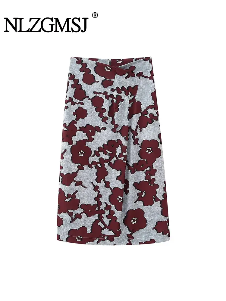

Nlzgmsj TRAF - Sexy Midi Skirt Women 2023 Flower Print High Waist Pencil Skirts Back With Zipper Elegant Office Ladies Skirt
