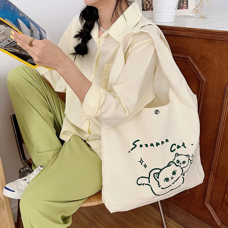 

Simple ECO-friendly Shopper Bag Women Japanese Kawaii Shoulder Bag Large Capacity Canvas Bag For Women Tote Bag Handbags Bolso