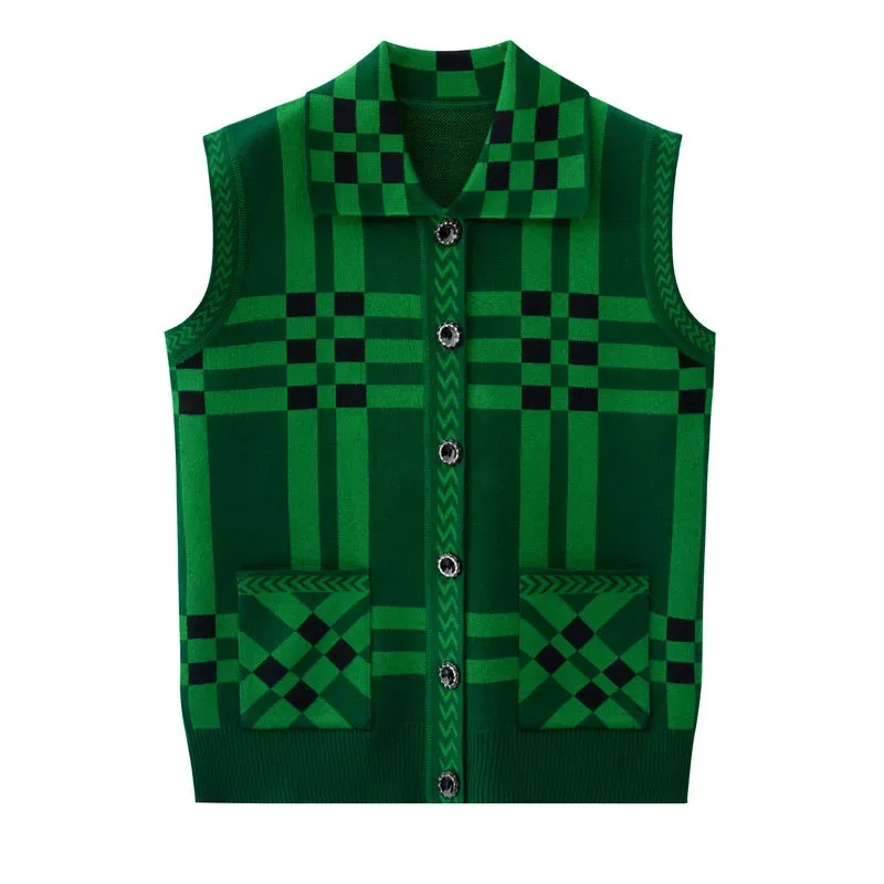 Вязаные свитера жилет для пожилых мам среднего возраста клетчатый кардиган без