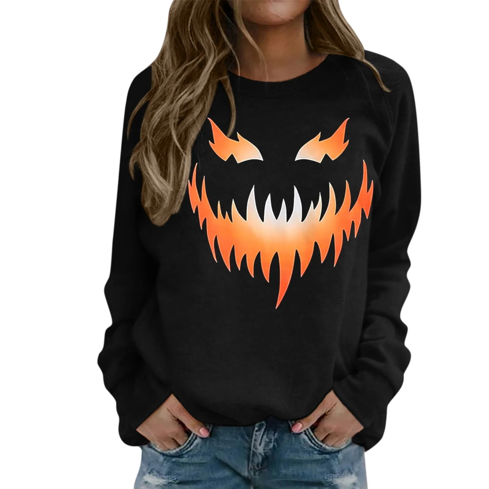 

Women Halloween Hooded Print Round Neck Long Sleeve Sweatshirt Top Streetwear Hip Hop Fashion Ladies Hoodies