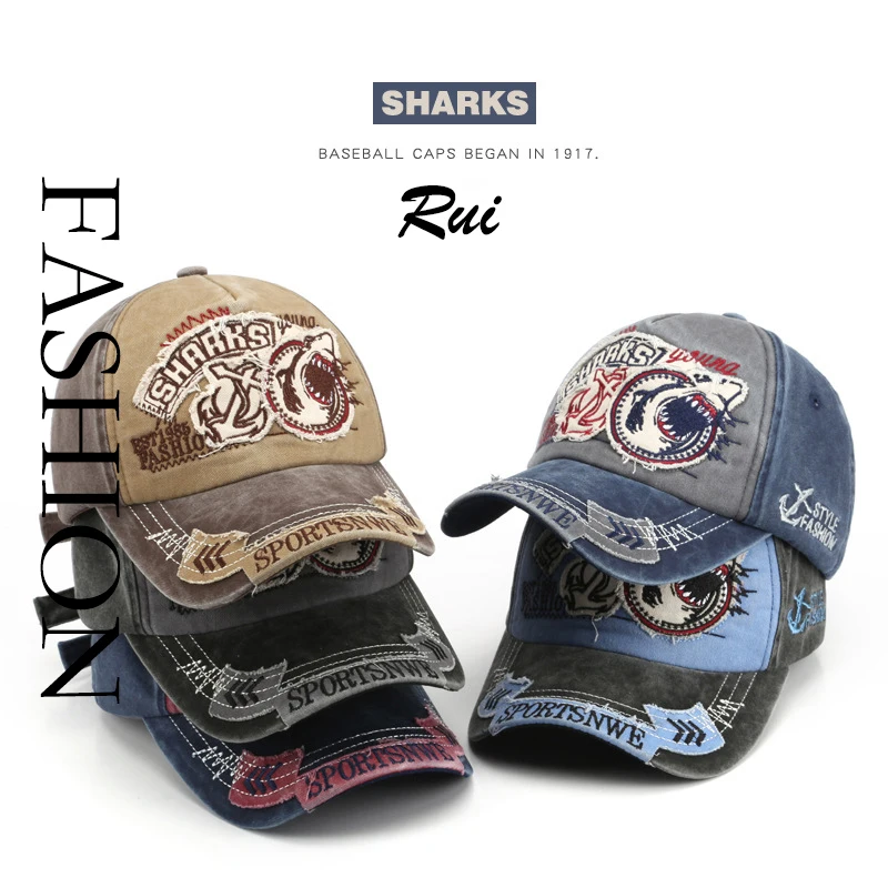 

Rui модная новая вышитая Акула ковбойская Мужская бейсболка с изогнутыми полями для изготовления старой персонализированной женской шляпы ...