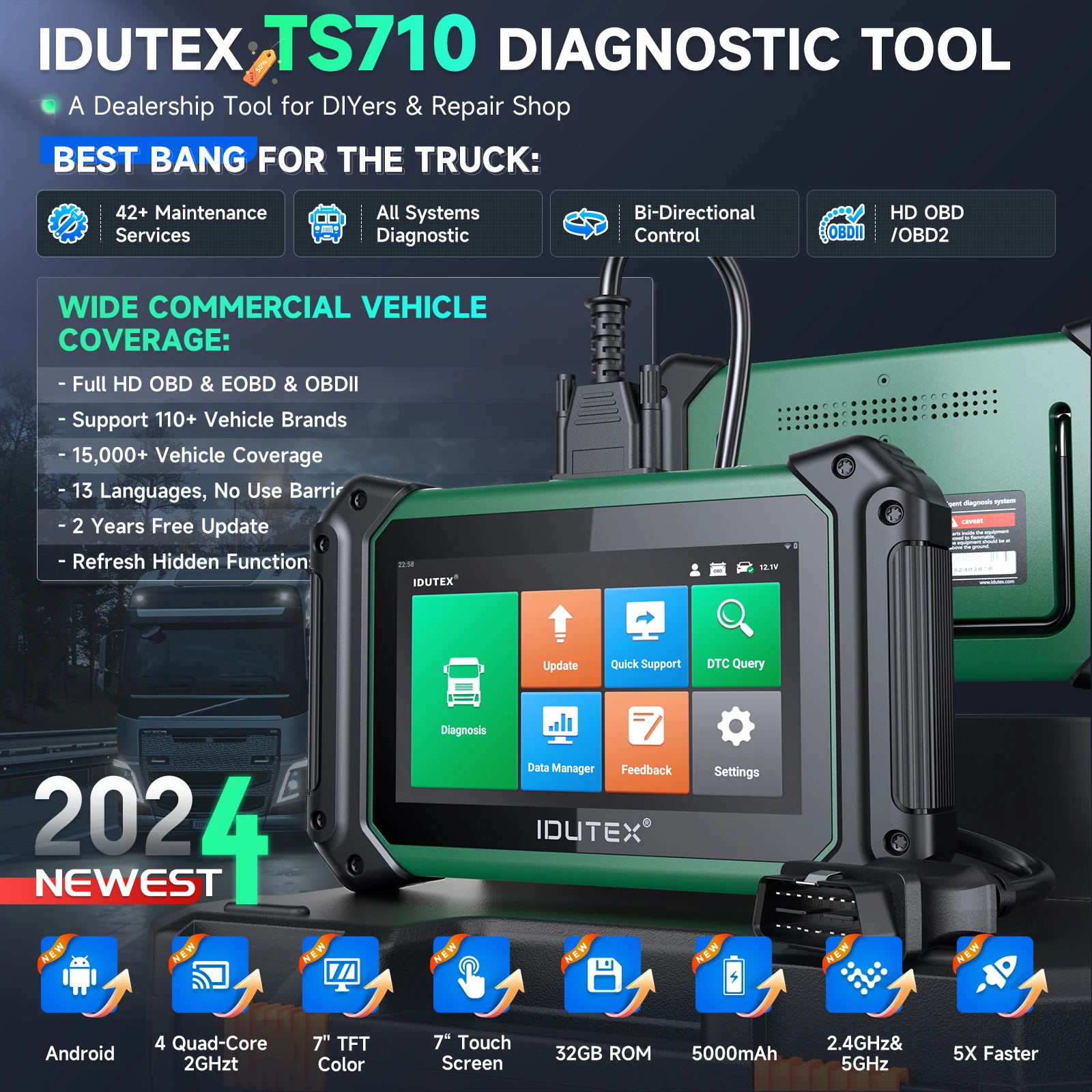 Фото Сканер OBD2 2026 для тяжелых дизельных грузовиков IDUTEX TS710, двунаправленный, с функцией регенерации DPF, 42+ функций сброса, 12В/24В, диагностический инструмент для всех систем. №3