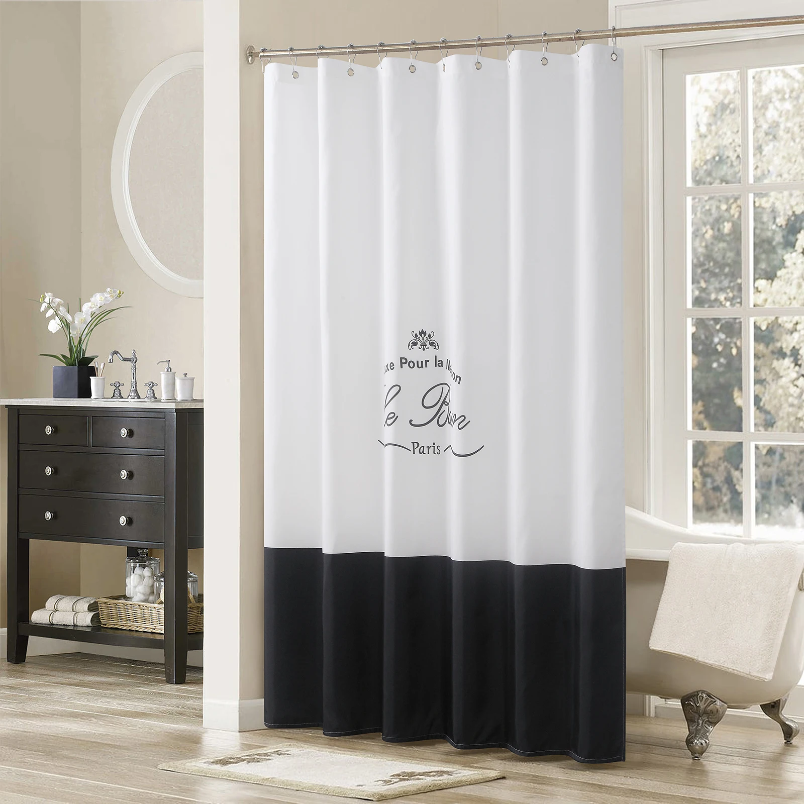 

Le Bain White and Black Polyester Waterproof Fabric Fresh Printed Decorative Farmhouse Shower Curtain