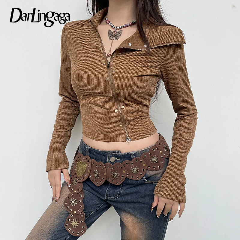 

Darlingaga Asymmetrical Skinny Autumn T shirt Female Clothing Zipper Rivet Vintage Crop Top Jacket Fashion Chic Shirts Outwear