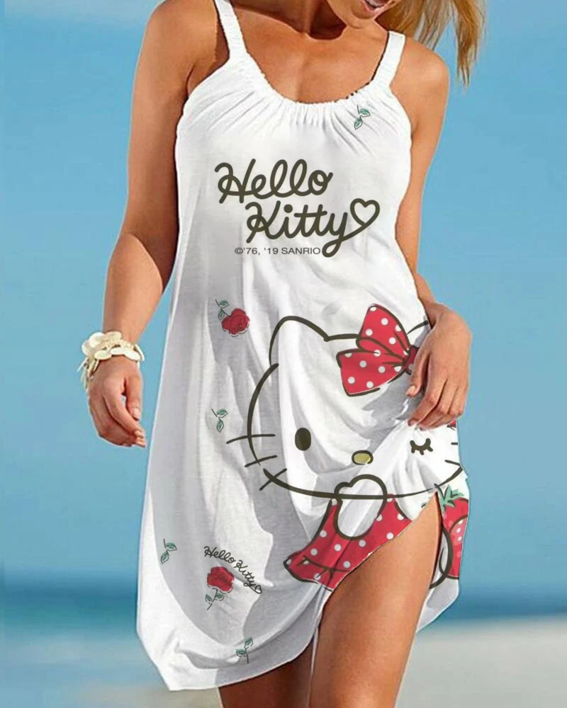 

2023 New Summer Hello Kitty Women's Beach Dress 3D Printing Pattern Party Casual Sling Dress Sleeveless Sexy Lace Dress