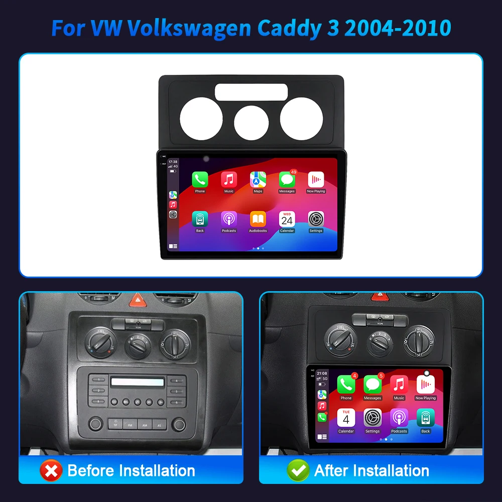 Фото 10-дюймовый автомобильный радиоприемник для VW Volkswagen Caddy 3 2004-2010 BT Carplay Android 16, мультимедийная навигация, головное устройство, 2K QLED экран №2